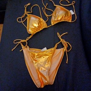 GOLD STRING BIKINI,BRAND UNKNOWN,MADE IN TURKEY,SIZE XS.LIGHTLY PADDED IN BREAST
